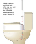 Hinged Toilet Seat Riser for Standard Toilets with 3.5 Inch Rise, installation illustration with bolts and toilet side view.