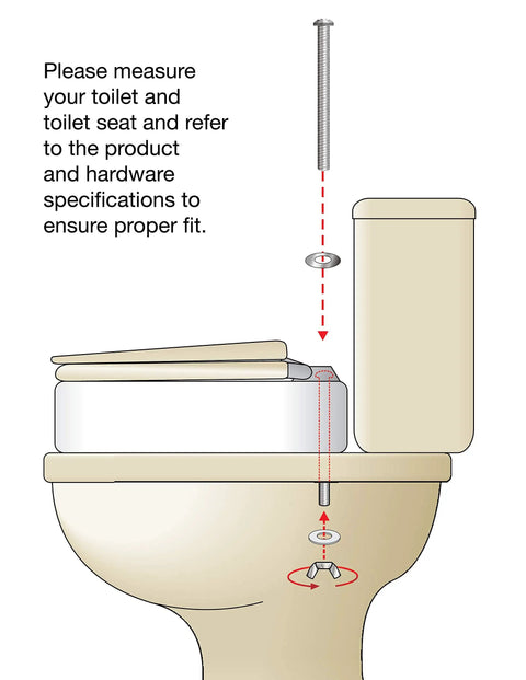 Hinged Toilet Seat Riser for Standard Toilets with 3.5 Inch Rise, installation illustration with bolts and toilet side view.