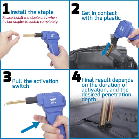 Step-by-step guide using 110V Plastic Welder Kit With LED Lights And 200 Hot Staples Pliers for car bumper repair.