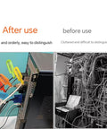 "Before and after comparison showing the effect of 60 Piece Color Coded Cable Labels And Hook And Loop Ties Set For Home Office"