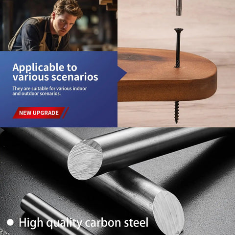 No. 8 X 1-1/4 Inch Deck Screws Set, 398 Pieces shown with wood and carbon steel materials, flat head detail