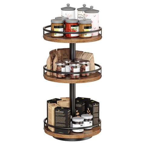 3-Tier Lazy Susan Organizer With Rotating Turntable Spice Rack, Vertical Storage For Kitchen Countertop, Rustic Brown And Black Finish