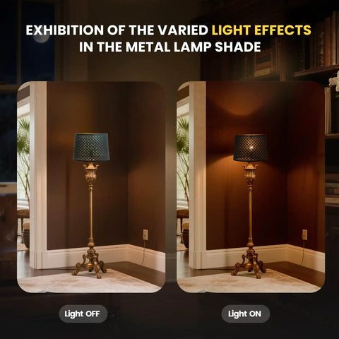 Exhibition of light effects with the metal lamp shade, demonstrating illumination differences with lamp on and off.