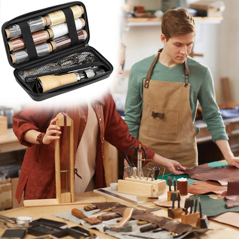 All-In-One Leather Sewing Kit With Waxed Thread, 40-Piece Awl Set, Extra Awls, 24 Leather Needles, for crafting in workshop.