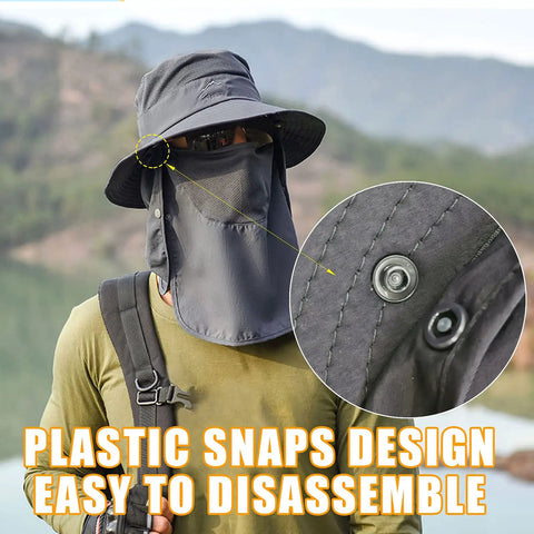 Unisex Sun Hat With 360 Degree UV Protection, Wide Brim, Detachable Face Cover And Neck Flap, dark grey with plastic snaps