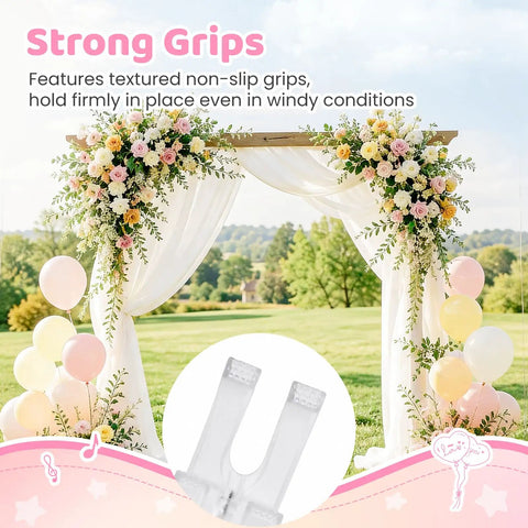 10 Pack Balloon Arch Clips 3.5 Inch Transparent Plastic Spring Clamps shown with floral and balloon wedding backdrop.