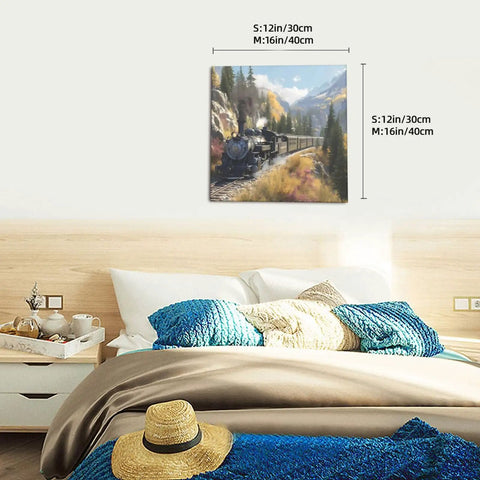 Dope Steam Locomotive Train Framed Canvas Wall Art in bedroom, square print for modern home decor, realistic locomotive scene