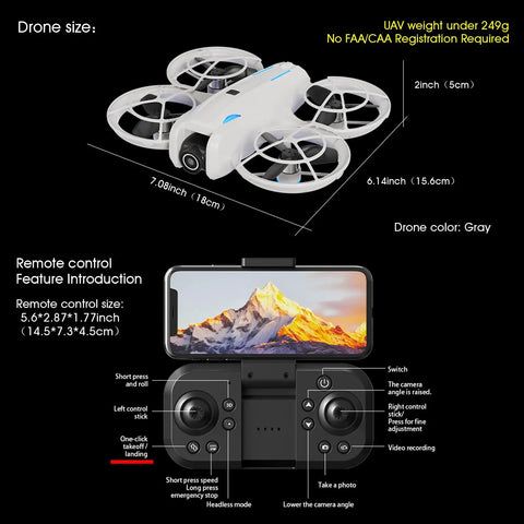 4K Camera Drone For Beginners With Altitude Hold And One Key Takeoff Landing displayed with detailed dimensions and remote control features.