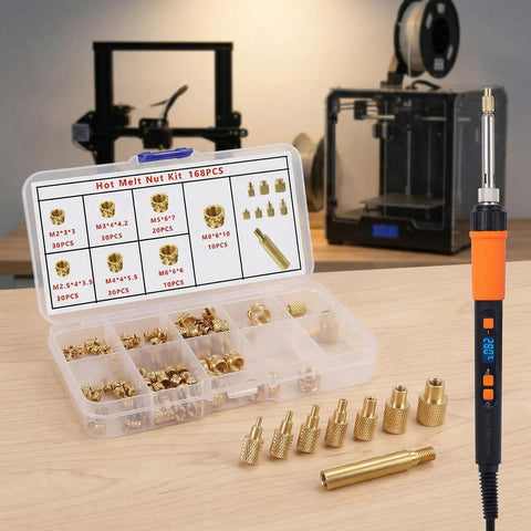 Brass Heat Set Inserts Kit With Knurled Threaded Inserts Assortment M2 M2.5 M3 M4 M5 M6 M8, 90W Soldering Iron, Tweezers And Holder.