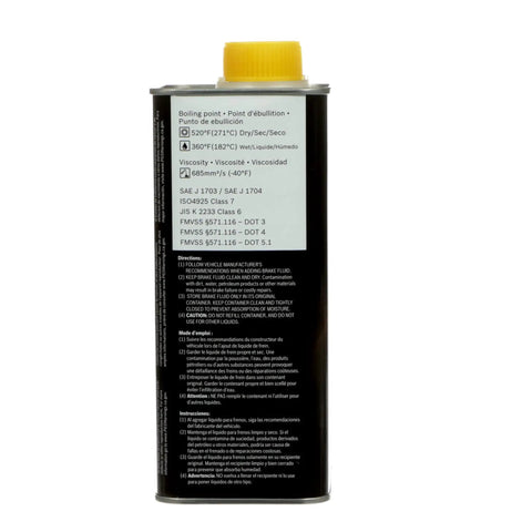 Back view of Low Viscosity Brake Fluid For All Vehicles With Extended Life Next Gen Formula DOT 3 DOT 4 DOT 5.1 label details