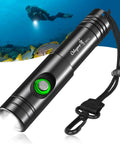 WD12 Dive Light 1400 Lumen Scuba Backup Underwater Flashlight With 3 Modes And Power Indicator Built Tough For Deep Dives And Boss Level Visibility Black in black with green power button.