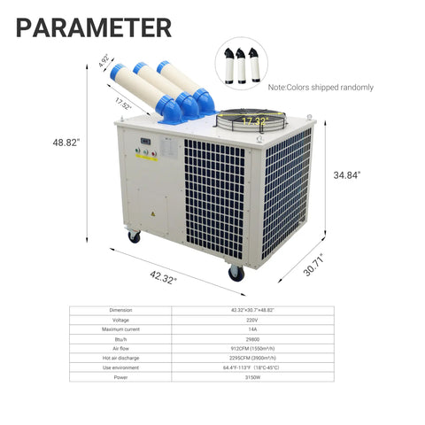 Heavy Duty Industrial Spot Cooler 29800 Btu Portable Ac Unit 220 Volt dimensions with hoses and control panel for cooling workspaces