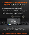 2A Fast Ebike Charger For 48V Lithium Batteries With 54 Point 6V Output, 3 Pin XLR Connector, Fan Cooled, Red Green Indicator, shown with scooter