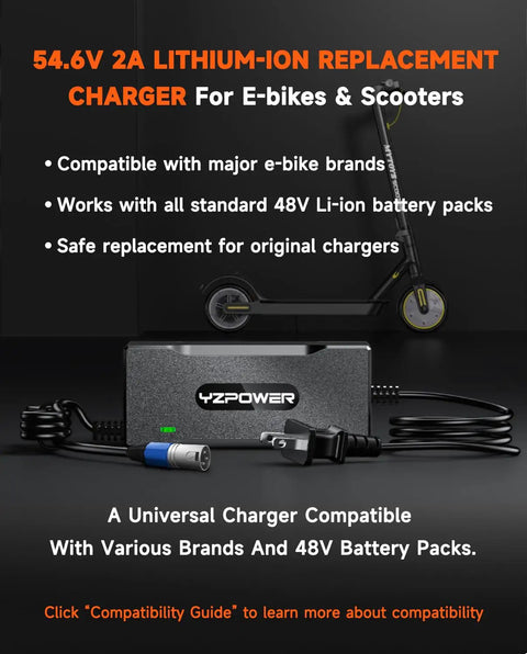 2A Fast Ebike Charger For 48V Lithium Batteries With 54 Point 6V Output, 3 Pin XLR Connector, Fan Cooled, Red Green Indicator, shown with scooter