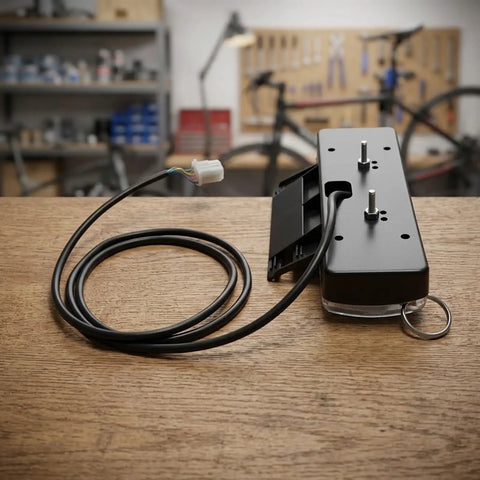 Upgrade Your Ride With This Sweet All-In-One E-Bike LED Taillight That Rocks 36V And 48V Systems While Serving As A Super Bright Brake Light, Turn Signal, And Tail Light For Maximum Night Visibility So You Stay Safe In Heavy Traffic. black ABS e-bike LED taillight with cable and connector on wood table