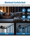Child sleeping in dark room using Black Double Curtain Rod With Wraparound Design Extends From 38 To 62 Inches Blackout Window Rod.