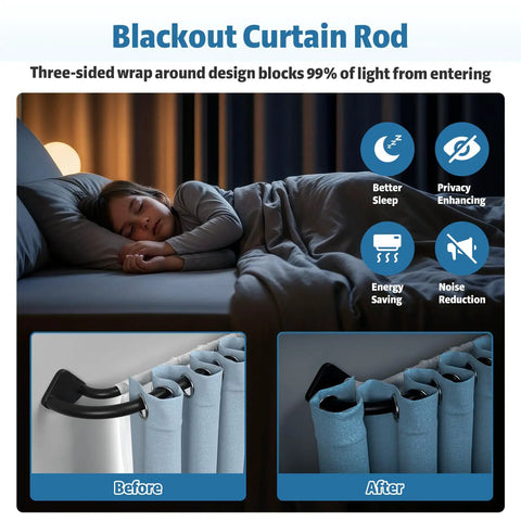 Child sleeping in dark room using Black Double Curtain Rod With Wraparound Design Extends From 38 To 62 Inches Blackout Window Rod.