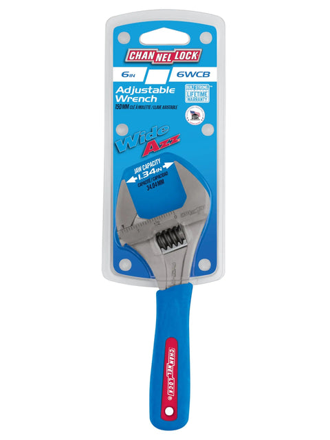 Six Inch WideAzz Adjustable Wrench With Beefy 75 Percent Wider Jaws in packaging on white background