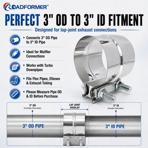 Heavy Duty 3 Inch Exhaust Clamp In 304 Stainless Steel Lap Joint Band Fits 3 Inch OD To 3 Inch ID Pipe Perfect For Mufflers