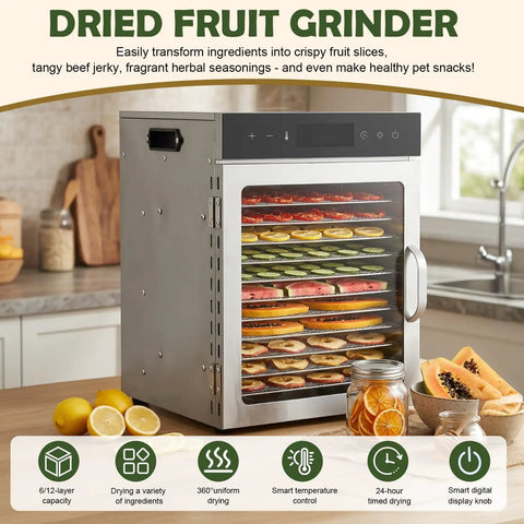 Top Tier Electric Food Dehydrator With 12 Heavy Duty Stainless Steel Trays And Advanced Dual Fan Heating System, filled with fruits.