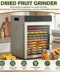 Top Shelf Electric Food Dehydrator With 12 Removable Stainless Trays And 1000 Watt Dual Fan Setup For Dead Simple Fruit Meat Jerky Snack Drying Including Silicone Mat Plus 24 Hour Timer with assorted dried fruits.