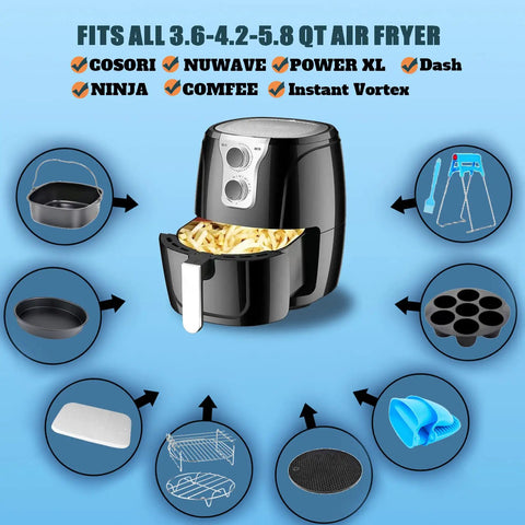 12 Piece Air Fryer Accessory Kit For Square Air Fryers Includes Cake Barrel, Pizza Pan, Metal Holder, Silicone Mat in use