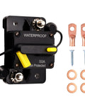 Heavy Duty 50 Amp Marine Circuit Breaker For Minn Kota Trolling Motor with waterproof casing and copper lugs, screws, and washers.