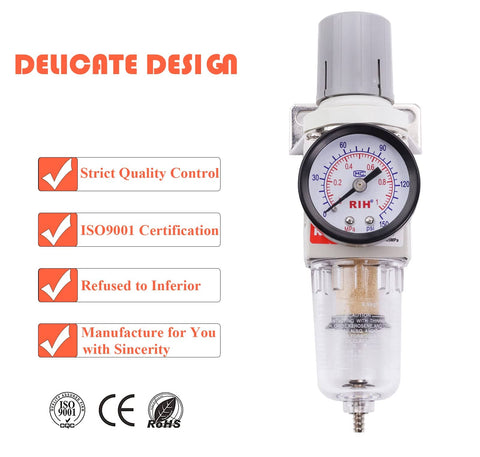 Pro Grade 1/4 Inch NPT Air Filter Regulator Combo Piggyback With 5 Micron Brass Element and gauge for air tools