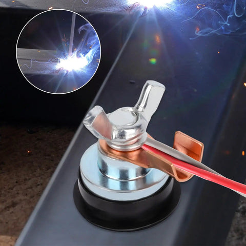 Pro Grade Magnetic Grounding Welding Clamp With Adjustable Magnet securing workpiece during active welding process