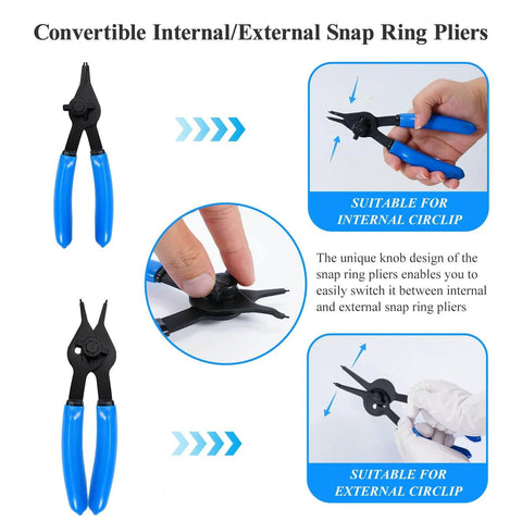 12 Piece Convertible Snap Ring Pliers Set For Internal And External Rings with blue handles and interchangeable tips