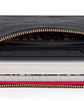 Heavy Duty Canvas Document Organizer Portfolio Featuring Secure Ykk Zipper and Built Tough Construction with stacked A4 papers.