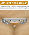 90-degree right angle stainless steel bracket from 20 Pcs Stainless Steel Corner Connectors And Triangle Brackets For Wood Furniture Shelves Cabinets And Desks Includes Screws Heavy Duty Metal Brackets For Tables And Chairs With Wobble Free Low Profile Mounts For Strong Frame Support installation shown on wood corner