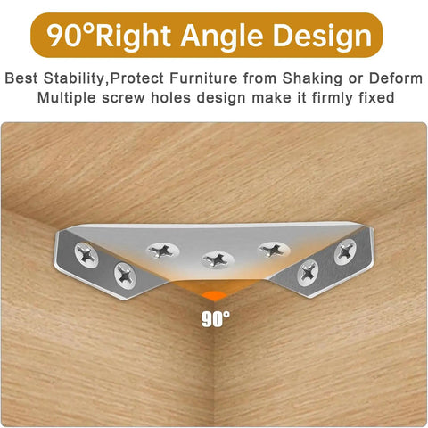 90-degree right angle stainless steel bracket from 20 Pcs Stainless Steel Corner Connectors And Triangle Brackets For Wood Furniture Shelves Cabinets And Desks Includes Screws Heavy Duty Metal Brackets For Tables And Chairs With Wobble Free Low Profile Mounts For Strong Frame Support installation shown on wood corner