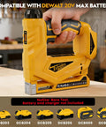 Compact 3 In 1 Cordless Staple Gun And 18 Gauge Brad Nailer Kit with yellow handle, showcasing tool compatibility with DEWALT batteries.