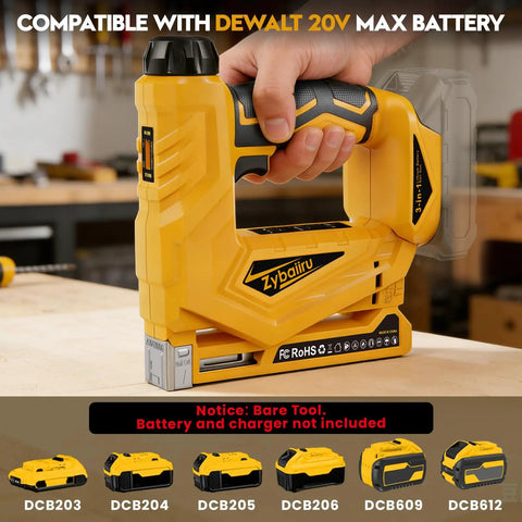 Compact 3 In 1 Cordless Staple Gun And 18 Gauge Brad Nailer Kit with yellow handle, showcasing tool compatibility with DEWALT batteries.