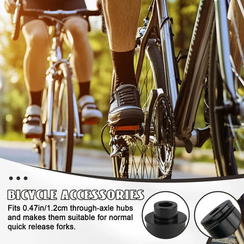 Cyclists on road bikes with 2 Pack Mountain Bike Hub Adapter Quick Release Converter 12mm To 9mm Thru Axle displayed below.