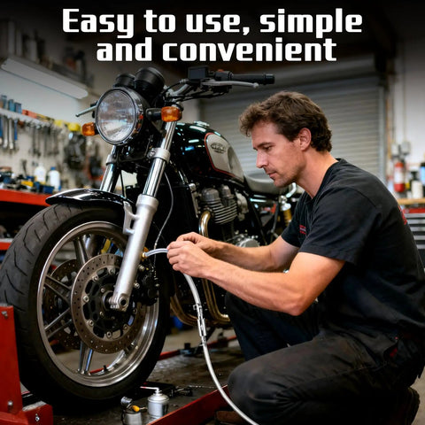Mechanic using Three Piece Reverse Brake Bleed Kit With 100ml Syringe And 50cm Hose for motorcycle brake maintenance