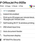 OfficeJet Pro 9125e Wireless All In One Color Inkjet Printer AI Enabled features list including AI and duplex printing capabilities