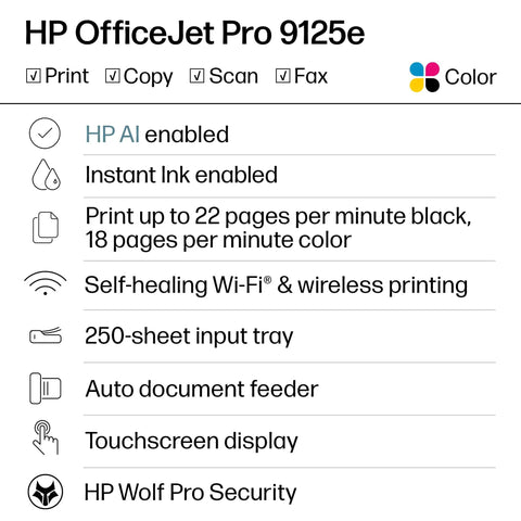 OfficeJet Pro 9125e Wireless All In One Color Inkjet Printer AI Enabled features list including AI and duplex printing capabilities