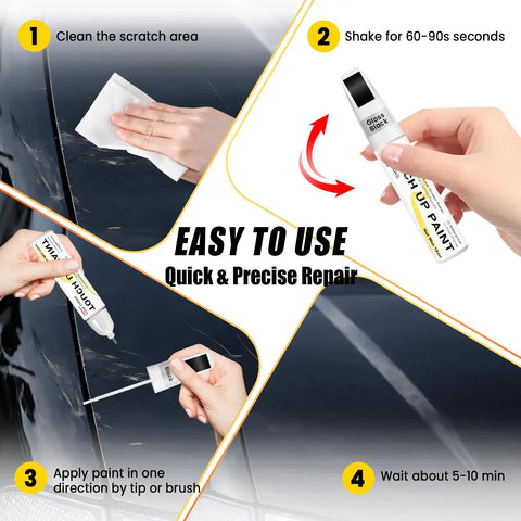 Steps to use Gloss Black Car Scratch Repair Pen With 2 In 1 Brush Tip Quick Dry Long Lasting OEM Color Match 0.4 Fl Oz Easy Fix