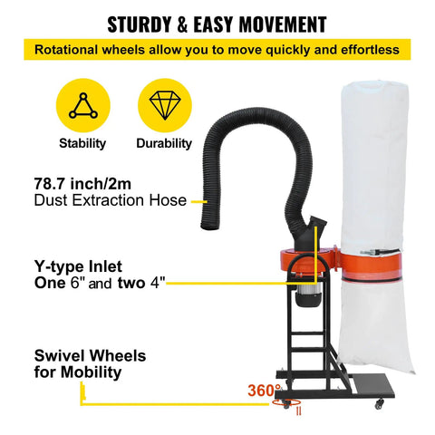 Pro Grade Portable Dust Collector With 716 CFM Vortex Cyclone System, 1.5 HP Motor, 47 Gallon Bag, Mobile Base, 5 Micron Filter Kit