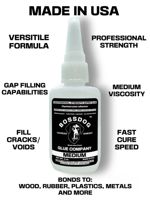 Professional Strength Super Glue 2 Oz Medium Viscosity Cyanoacrylate Adhesive For Wood Plastics Rubber Metals Concrete And More Fast Acting Bonding Power Pro Grade bottle front view