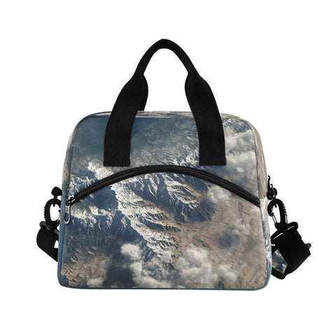 Front view of durable insulated lunch bag tote with adjustable shoulder strap, featuring desert mountain inspired style.