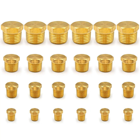 Heavy Duty Brass Hex Pipe Plug Fittings Kit, 24 Pieces, Includes One Eighth Inch, One Quarter Inch, Three Eighth Inch, And One Half Inch NTP Male Thread Plugs