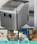 Portable Countertop Ice Maker Offers No Sweat Auto Cleaning And Straightforward Setup While Churning Out Rapid Ice Cubes Plus Whisper Quiet Runtime For Kitchen Home Or Bar Spaces, stainless steel design, taken at an angle showing digital panel.
