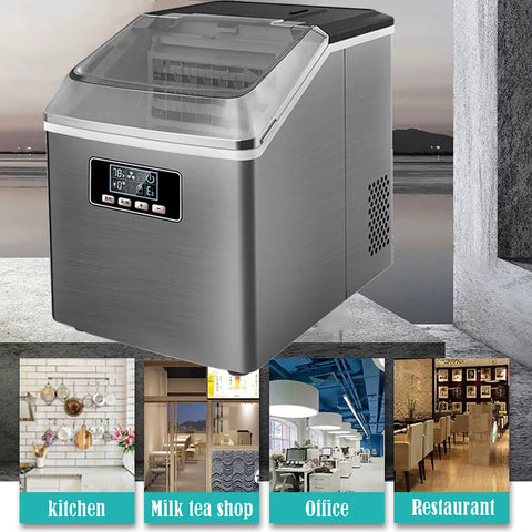 Portable Countertop Ice Maker Offers No Sweat Auto Cleaning And Straightforward Setup While Churning Out Rapid Ice Cubes Plus Whisper Quiet Runtime For Kitchen Home Or Bar Spaces, stainless steel design, taken at an angle showing digital panel.