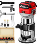 Beefy Compact Wood Router With 6.5 Amp 1.25 HP Power, Fixed Base, Includes Trim Bits, Six Variable Speeds, Edge Guide, Roller Guide, Dust Hood, 65mm Shaft, Red with accessories.
