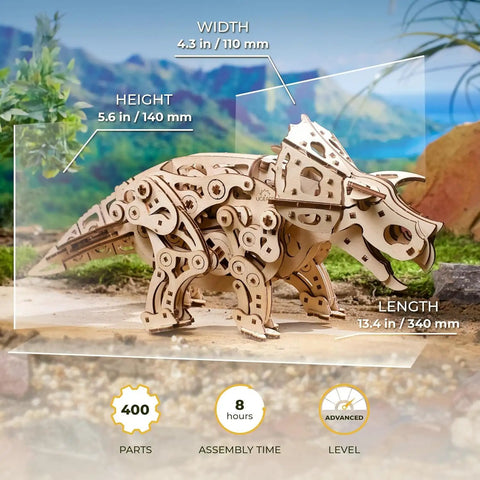 Triceratops 3D Puzzle Wood Model Kit For Adults Mind Bending Dino Automaton Builder Dinosaur Figure Hobby Set 5.6 Inch Tall Engaging Brain Teaser Craft Project, 400 parts