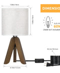 Wooden Tripod Table Lamp With Brown Base And Linen Fabric Shade, Space Saving Nightstand Light For Bedroom Kids Room Nursery Dorm