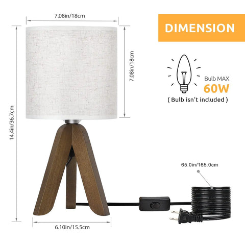 Wooden Tripod Table Lamp With Brown Base And Linen Fabric Shade, Space Saving Nightstand Light For Bedroom Kids Room Nursery Dorm